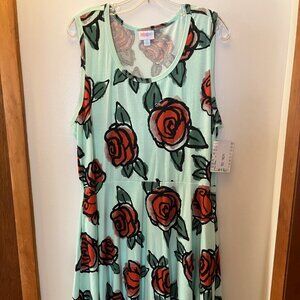 NWT LulaRoe Nicki Dress Size 2XL Light Green w/Red Roses, Sleeveles